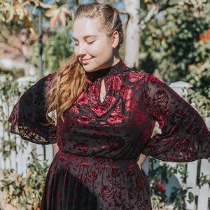 MODCLOTH PURPLE VELVET HIGH NECK LACE DRESS